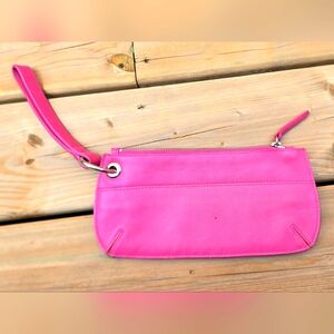 Pink Leather Wristlet w Unique Ring Strap, Front Pocket + Zipper Top